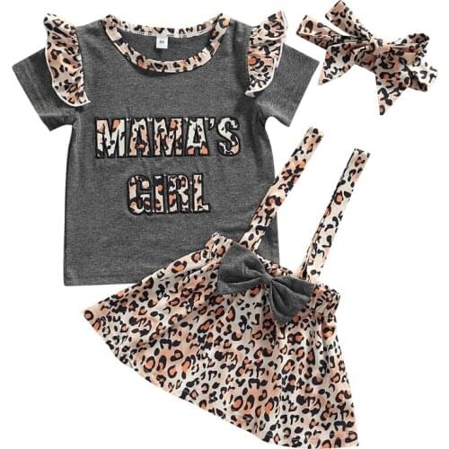 3 Pieces Kids Suit Set, Toddler Leopard Print O-Neck Short Sleeve Tops+ Suspender Skirt+ Headband, 9 Months-4 Years