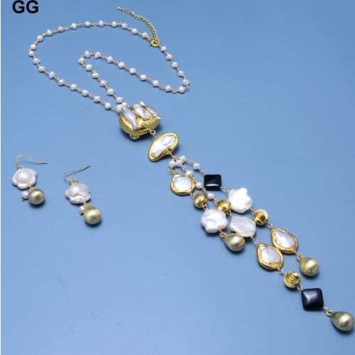 GuaiGuai Jewelry Naural White Pearl Freshwater White Flower Keshi Pearl Onyx Tassel Necklace Earrings Sets For Women Lady