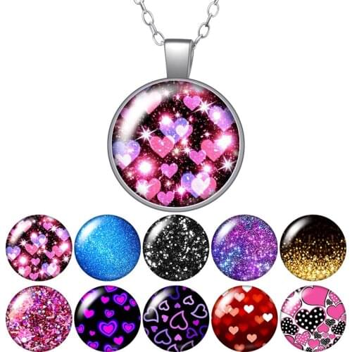 Beauty Lighting Hearts Colorful Glitter Round Pendant Necklace 25mm Glass Cabochon Women Girl Jewelry Party Birthday Gift 50cm