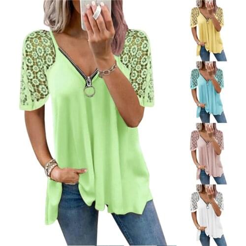 Lace Patchwork Short Sleeve Shirt Women Summer Sexy Zipper V Neck Casual Elegant T Shirt Fashion Solid Loose Top Tees