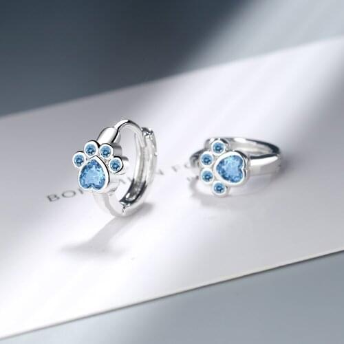 Luoluoyi 2021 Cute Animal Cat Paw Mark Blue Mosaic Zircon Crystal Earrings for Women Promise Wedding Band Jewelry