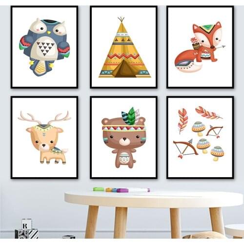 Owl Deer Fox Bear Feather Tent Mushroom Cartoon Wall Art Canvas Painting Nordic Posters And Prints Wall Pictures Kids Room Decor