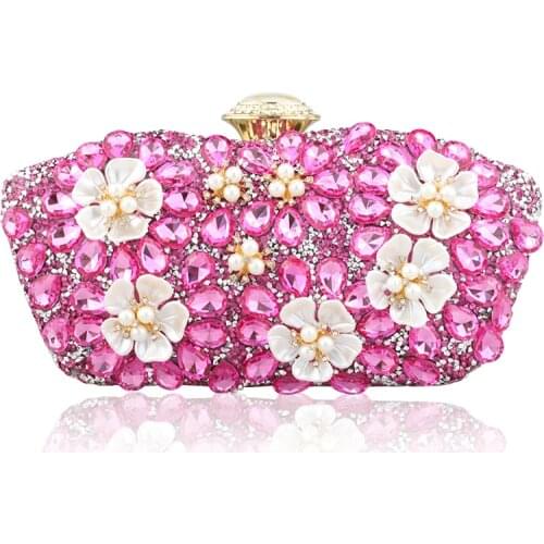 Chaliwini New Flower Evening Bag Blue Crystal Flower Evening Purse Women Metal Clutch Minaudiere Bag Bridal Wedding Party Tote