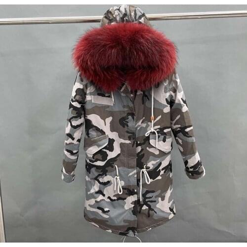 Grey Camouflage Long Coat Winter Womens Faux Fur Lined Jacket Parka Fashion Warm High Quality Coat
