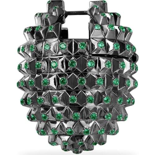 Luxury 925 Sterling Silver Black Spike Oval Mono Earring Green Zirconia Stones Hedgehog Ball Earring for Women Exaggerated