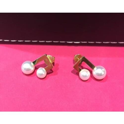 5-7MM natural sea water pearl stud earring double pearl 18K yellow gold note fine women jewelry free shipping