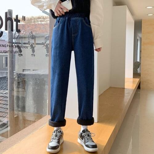 High waist blue straight leg plus velvet jeans women fall/winter loose cropped trousers womens trousers