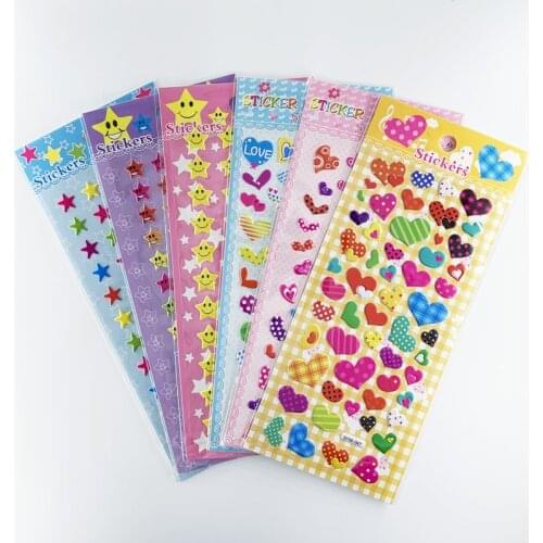 Random 3 Sheets Kids Puffy Stickers Cartoon Love Heart Shaped Five-pointed Star Girls Boys Rewards Sticker Classic Toys