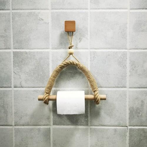 Natural wood paper rack hanging wall hook retro hanging rope toilet paper rack home hotel bathroom decoration paper holder