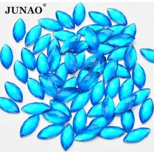 JUNAO 7x15mm Neon Aquamarine Color Horse Eye Flat Back Rhinestones Resin Crystal Applique Stones Non Sewing Decoration Crafts