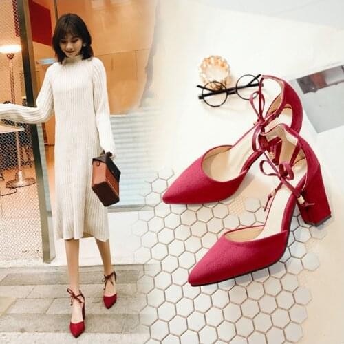 YQBTDL Fashion Daily Work Office Square High Heels Flock Red Blue Black Ankle Lace Up Knot Cheap Block Heel Pumps Women Shoes