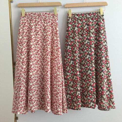 Vintage Floral Print A-line Pleated Long Skirts Summer Women Korean Skirt Streetwear Drawstring Elastic Waist Midi Skirt
