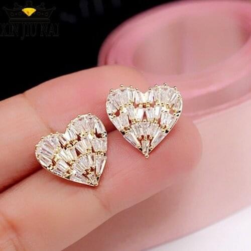Womens Peach Heart Stud Earrings in 18k Gold with Square Gemstones Charms fashion Luxury Exquisite Romantic princess style