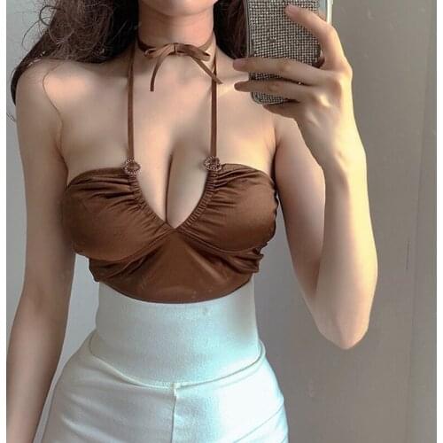 Satin Brown Crop Top Women Summer Cami Tops Tees Fashion Cross Halter Camisole Female Vintage Backless Halter Top Streetwear y2k