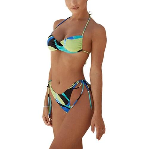 Womens Printed 2Pcs Bikini Suit, Low Neck Inner Drawstring Lace-up Halter Backless Tops with Triangle Bottoms