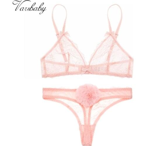 Varsbaby Women transparent deep V bra set thong wire free underwear largest size