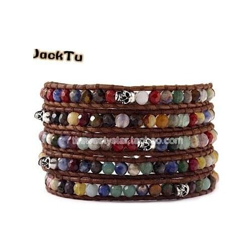 Free Shipping Mixed Beads Skull Wrap Bracelet on Natural Brown Leather