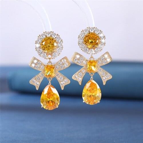 Shining Crystal Bow-knot Earrings for Women Korean Trend Sweet Butterfly Water Drop Earring Luxury Wedding Jewelry