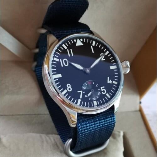 GEERVO No logo Pilot manual mechanical mens Watch 44mm Black dial white number Blue nylon strap Mineral glass or sapphire G135