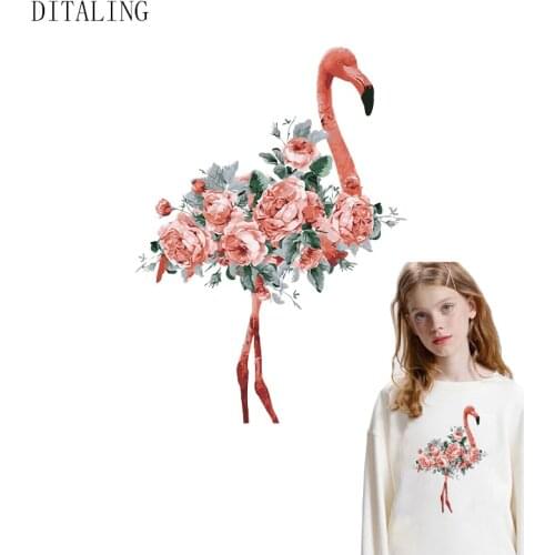 Flower Flamingo Patches For Clothing Children Heat Transfer Sticker Fashion Girl DIY T-Shirt Thermal Sticker Ironing On Clothes