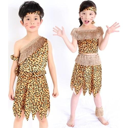 Children savage caveman costumes boy leopard African tribal Hunter clothing for girl Performance costumes cosplay dress