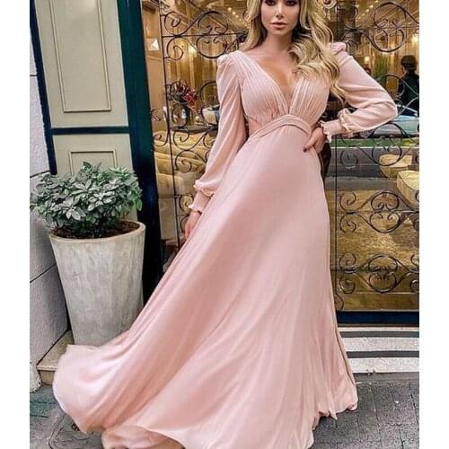 Affordable Deep V Neck Long Bubble Sleeves Key Hole Waist Blush Long Chiffon Wedding Guest Dress Evenig dresses