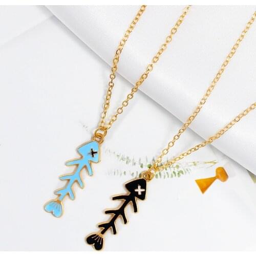 Fishbone Pendant Necklace Simple fashion black blue fish Skeletal spines Drop Necklace Sweater chain lovers jewelry accessories