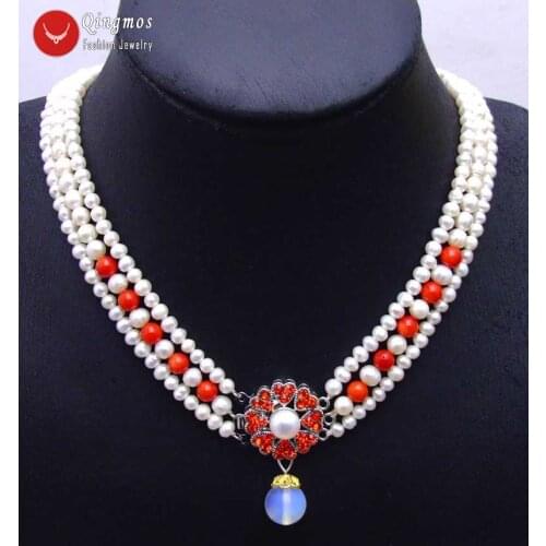 Qingmos 6-7mm Round Natural White Pearl Necklace for Women with 12mm Opal Pendant Necklace Red Coral 3 Strands 18" Chokers