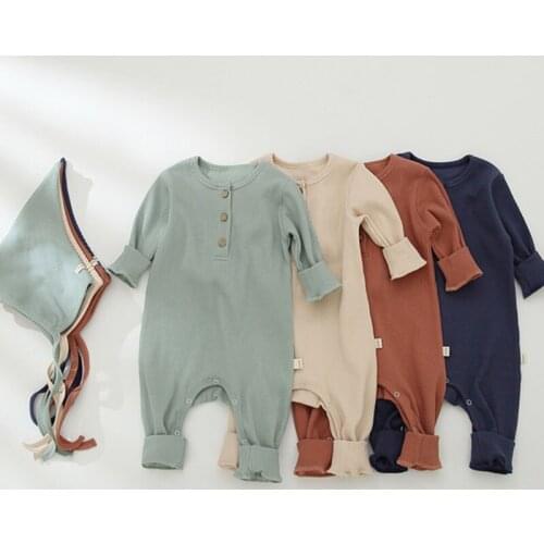 Korean Style Infant Baby Jumpsuit Cotton Long Sleeve Solid Color Toddler Baby Boys Girl Romper+Hat Spring Autumn Baby Clothes