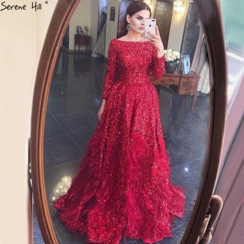 Serene Hill Dubai Red Sexy A-Line Luxury Evening Dress 2021 Long Sleeves Sequins Feathers Formal Party Gown CHM67124