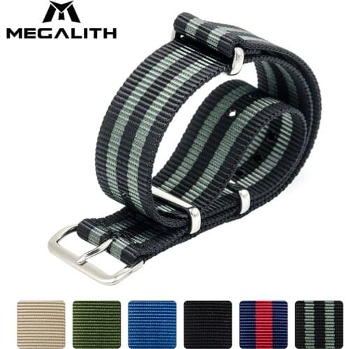 MEGALITH Nylon Fabric Watch Straps With 3 Ring Buckle 22cm Men Watchbands Stainless Steel Buckles Claps Watch Straps Watchbands