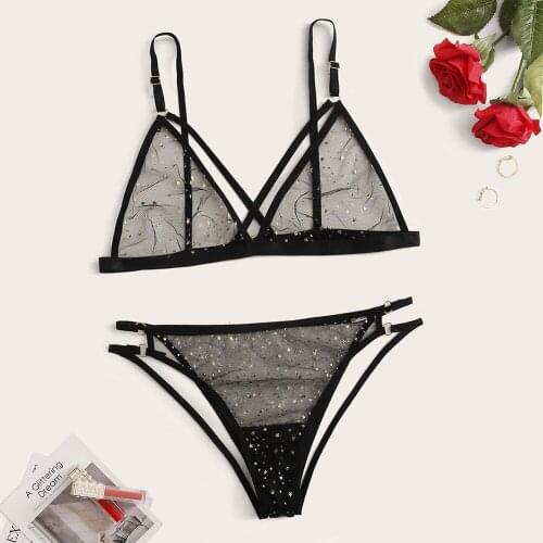 Newest Arrival Womens Underwear Two Piece Set Bikini Style Strap Bra Dot Mesh Perspective Pantie for Female Exotic Sets