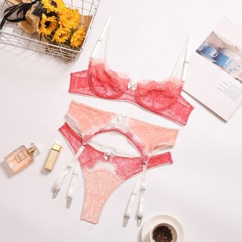 New Woman Lingerie Set Sexy Push-ups Lace Eyelashes Bra Panties Garter Belt 3-piece Underwire Bra Womens Sexy Lingerie Set