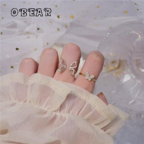 OBEAR Copper Plating 14k Real Gold Simple Temperament Crystal Butterfly Ring Female Fashion Wedding Jewelry