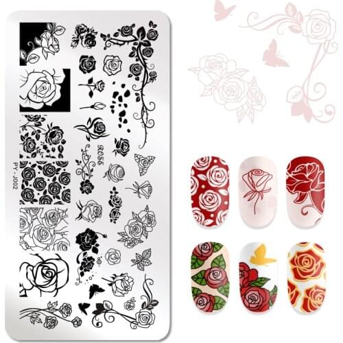PICT YOU Rectangle Stamping Plates Rose Flower Series Image Design Stamp Stainless Steel Nail Art Design Template Tools J002