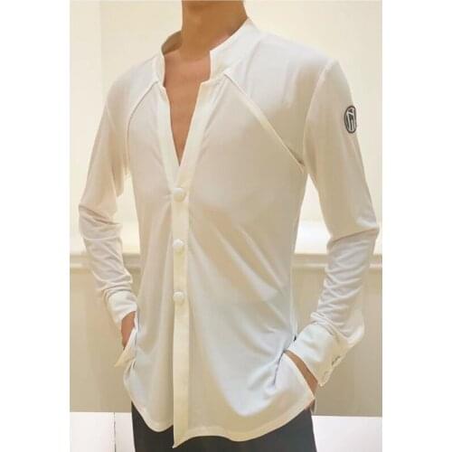 MenS V-Neck Long-Sleeved Shirt Latin Dance Practice Clothes Male Adult Latin Dance Competition Clothes Dance Costumes DQS7585