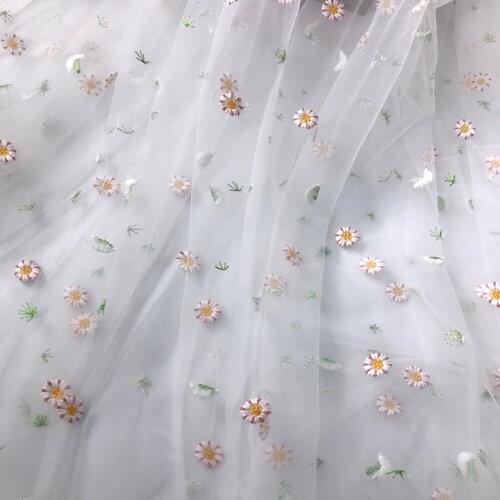 1yard Embroidery Daisy flower Tulle Lace Fabric Transparent Net Material For Dress skirt Clothes DIY Accessories