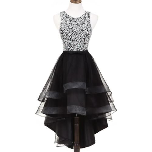 In Stock Tulle with Beading O-Neck Tank Sleeveless Printed Asymmetrial Evening Dress Prom Gown Vestido de noche robe de soiree