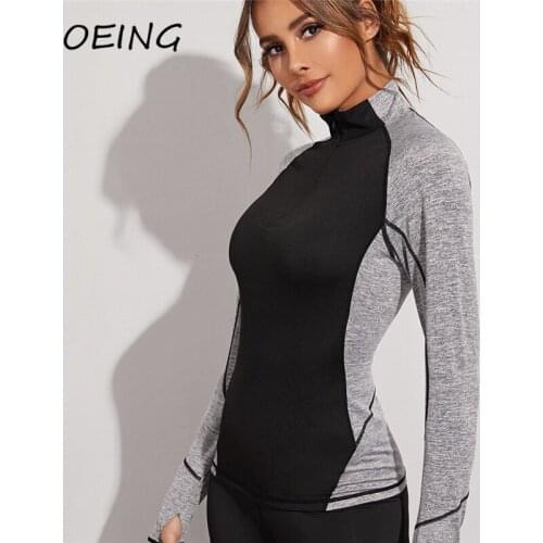 Spring Fitness Shirts Zip Up Patchwork Long Sleeve Yoga Active Wear Dry Fit Jogging Tights Tops