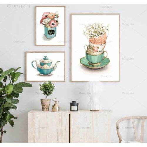 Vintage Tea Cup Flower Nordic Poster Minimalist Kitchen Canvas Painting and Prints Cafe Wall Art Pictures Restaurant Home Decor