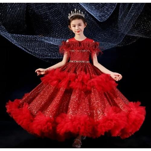 High-End Sequined Mesh Stitching Children Weddings Catwalk Evening Gown Short Sleeve Princess Dresses For Girl Vestidos L1095