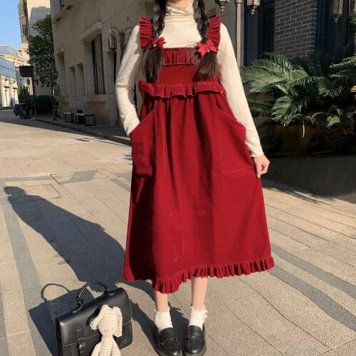 Japanese Spring Kawaii Soft Girly Dress Sweet Square Collar Cute Ruffles Sleeveless Dress Lazy Style Corduroy Loose Strap Dress