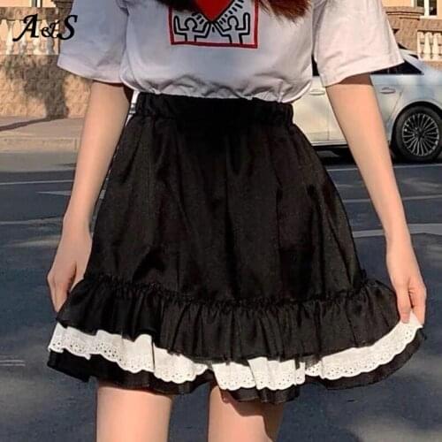 Anbenser Japanese Harajuku Vintage Style Girls Cute Black White High Waist Lace Pleated Mini Skirts Cosplay JK Costume Skirts