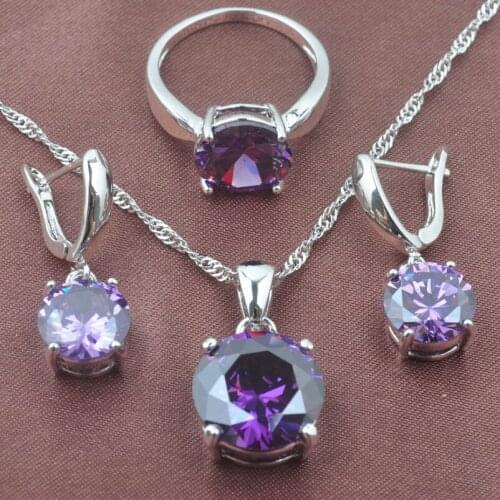 Womens Purple Crystal Jewelry Sets Russian Style Silver Color Necklace Round Design Pendant Earrings Rings Hot Sell
