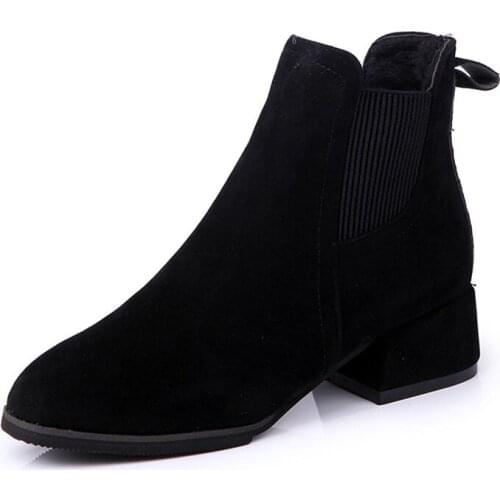 CUZULLAA Women Autumn Flock Ankle Boots Mid Heel Shoes Lady Fashion Chelsea Boots Female Booties Plus Size 35-43