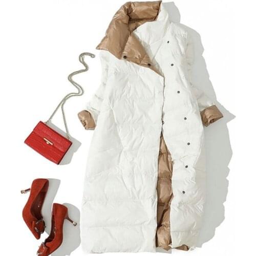 Women Double Sided Down Long Jacket 4xl Winter Turtleneck White Duck Down Coat Double Breasted Parkas Warm Snow Outwear