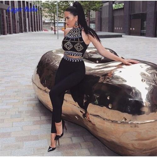 2018 Women Black Sexy Vestido Beading O Neck Sleeveless Two Piece Sets Party Club Bandage Rayon Stretchy Elastic Top Long Pants