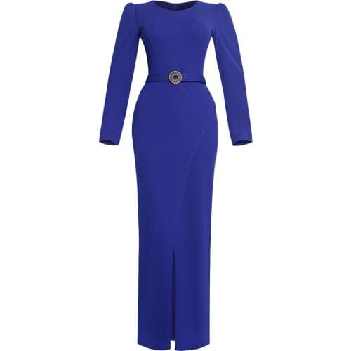 Office Lady Dress Long Sleeve Split O-Neck Slim Midi Dresses with Belt Package Hip Women Spring Autumn Fashion Long Clothing