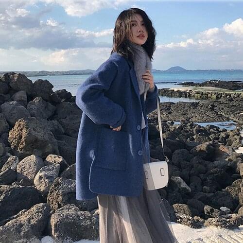 Korean Style Ladies Coats Fashion Outwear WomenS Winter Single-Breasted Woolen Coat Long Sleeve Blue Women Lapel Woolen Coat