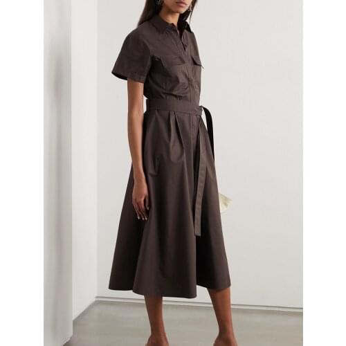 Safari Style Deep Coffee Dress For Women Summer Dress 2020 Unique Design Charm Front Pocket Drape Dress Casual Dresses With Belt